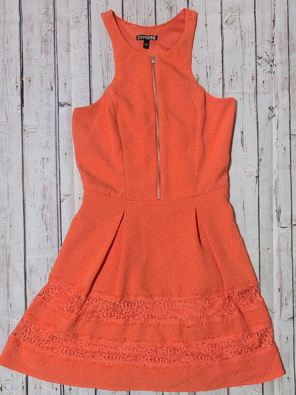 Express Coral Lace-Trim Mini Dress with Front Zip